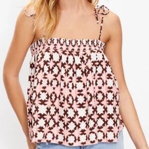 Loft Sunwashed Floral Smocked Bow Strap Cami Pink White Linen blend Size medium